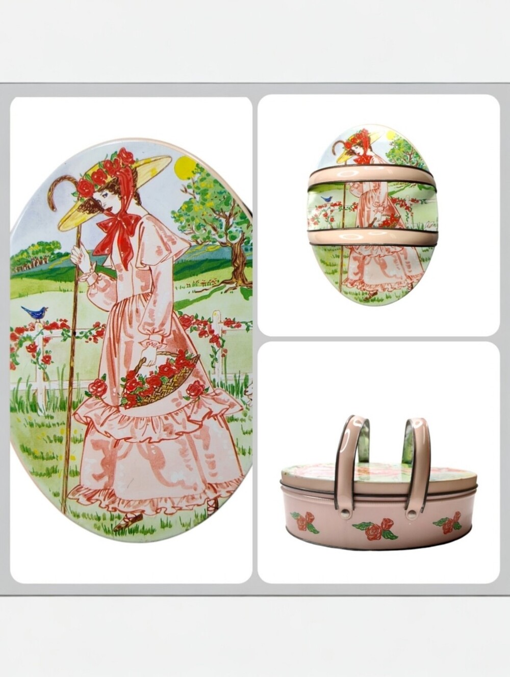 Vintage Valley Brook Farms Victorian Shepherd Girl Oval Tin w/ Handles Pink Rose